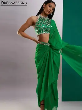 Изумрудено-зелен кристал, beaded модели, двойка, Дубайские вечерни рокли, лента с високо деколте, индия, саудовское, арабско вечерна рокля