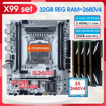 Комплект дънната платка JGINYUE X99 Xeon E5 2680 V4 Процесор 32G (4*8) 2400 Mhz DDR4 ECC Оперативна памет LGA 2011-3 Интерфейс Nvme SATA M. 2