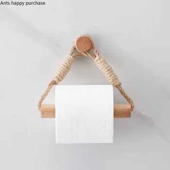 Монтиране на багажник за съхранение на тоалетна хартия, държач за хвърляне, дървена триъгълна държач за тоалетна хартия, ръчна изработка в скандинавски ретро стил, коноп въже, борова часова
