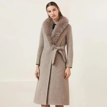 Вълна палто с кожа, дамско палто, зима 2021, дамско дълго палто с яка от лисьего кожа, есенен дамски дрехи