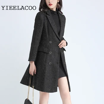 Туид сако от черна ярка копринена кърпа, пролетно-есенно-зимно дамско яке с ревери, бизнес жена цельнокроеная яке, палто