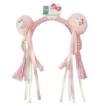Детски аксесоари за коса Hello Kitty за момичета, нова мультяшная панделка с пискюли, превръзка на главата, розово лък, шнола за коса, детски сладък панделка за коса