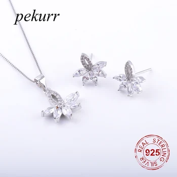 Pekurr 925 сребро, кристал с Овална форма, Обеци-колиета с цъфтящи Цветя, Комплекти за Жени, Цветни Висулки, бижута Сватба