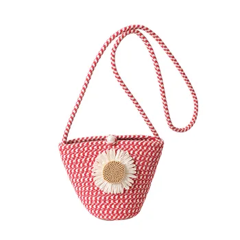 Красива дамска чанта-ведерко ръчно изработени от памучни въжета с перлената катарама, Модни мини чанта за телефон, ежедневни летни плажни чанти