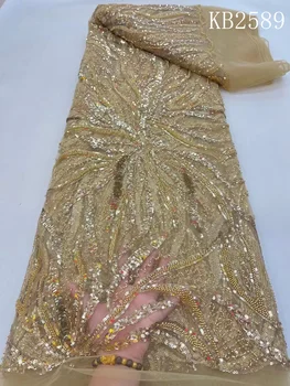 Лейси плат от мъниста Sequence, лейси плат от мъниста цвят шампанско, лейси плат от мъниста с цвят на злато, луксозни вечерни рокли 2023, златни лейси плат за бродерия KB2589