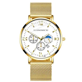 Луксозни мъжки часовници, модни прости часовник с кръгла циферблат, златна каишка от неръждаема стомана, часовници с прозрачно циферблат, бизнес ръчен часовник 기계식 시계