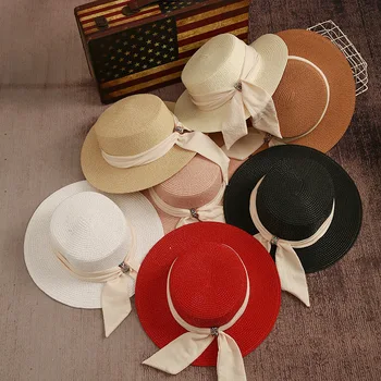 Дамски шапка с лък, шапка с плоска периферия, Аксесоари за сламени шапки, Плажни пътуване, летен чадър, шапка солнцезащитная