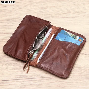 Чантата-визитница от естествена кожа за мъже и жени, ретро мини чантата ръчна изработка, ръчно изработени, на малък тънък портфейл с джоб за монети, женствена чанта