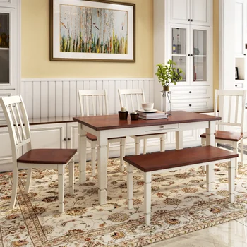 Стилни дървени мебели TREXM, кухненски маси от 6 теми с ергономични столове (кафяв + вилно бял)