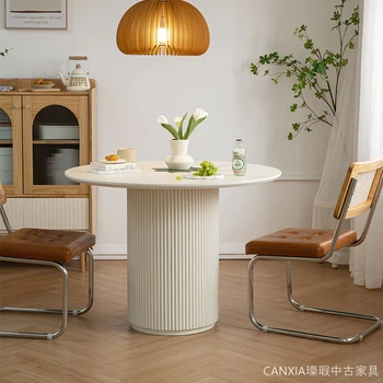 Бяла кръгла маса, на каменна плоча, римски маса в скандинавски стил, малък апартамент, хол, Домашен кръг дизайнерска маса за хранене