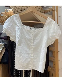 Ежедневни дамски модни бели блузи с завързана на ръба, лято 2023, Ретро квадратен яка, Буйни къси ръкави, обикновен женски шик върховете