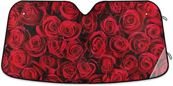 Oreyn Червена Роза Авто сенника на предното стъкло, Сгъваеми блокове UV-лъчи Полиестер 55x27,6 инча