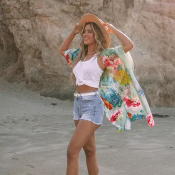 Шифоновый жилетка с цветна принтом, плажна дамска лятна плажна блуза с къс ръкав, прозрачни плажни дрехи, Vestidos De Playa