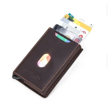 2023 Нова кожена RFID-мини чантата Crazy Horse с притежателя на кредитна карта Carteira Business Automatic Pop Up Slim RFID Карта Wallet