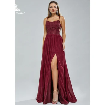 Вино-Червено Секси вечерна рокля с тънки спагети презрамки, шифоновое рокля с пайети, квадратен яка, Разрез от двете страни, трапециевидная чрез шнурове, халат за баня с отворен гръб, вечерна рокля