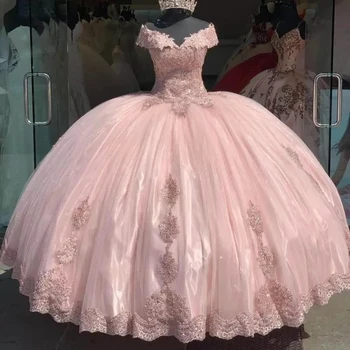 ANGELSBRIDEP/ розови буйни рокля с открити рамене, 15 модерните официални рокли, лейси апликация, расшитый мъниста тюл, рокля за Пепеляшка за рожден ден