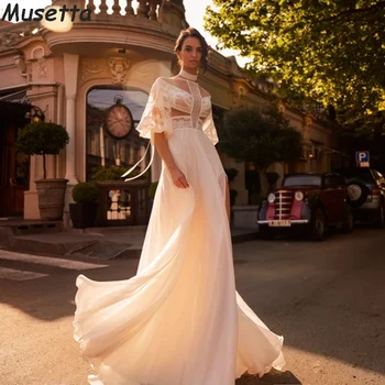 Мюзетта, сватбена рокля в стил Бохо с високо воротом и пищни ръкави, дантелени Шаферски рокли с цепка отстрани, иллюзионные булчинска рокля с отворен гръб