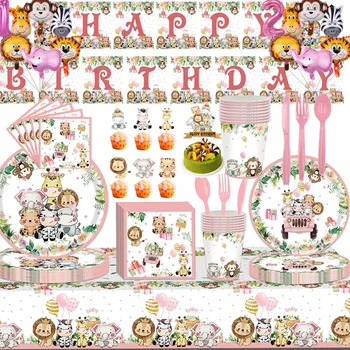 Розови животни на Джунглата, за Еднократна употреба комплекти прибори, Покривка, Чаши, чиния, Детски Рожден Ден, Детски душ, 1-ви Рожден Ден, сафари, декор за парти