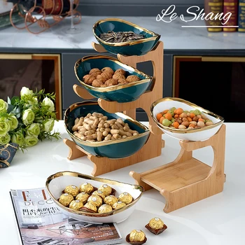 Домакински керамични трислоен тава за плодове, бамбук рамка, двуслойни тава за плодове, творческа оформяне на дневна със златен ръб