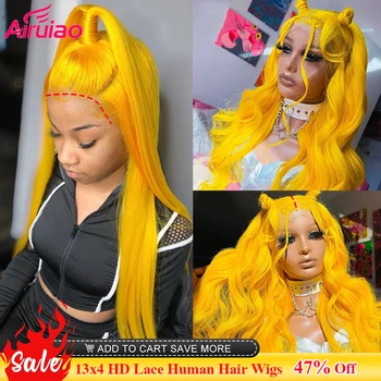 Жълт цвят права перука от естествена коса 13x4 отпред, 30 инча, 613, светли перуки от естествена коса с масова вълна за жени, Full HD, прозрачни отпред