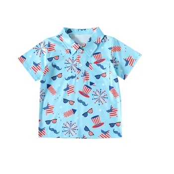 Ден на независимостта, 4 юли, Летен бутик за дрехи за момчета, синя риза с къс ръкав, шарени слънчеви очила с принтом под формата на чаши