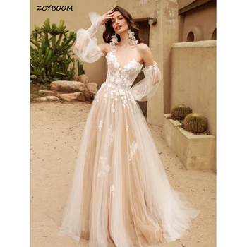 Секси вечерна рокля с аппликацией във формата на сърце цвят шампанско, илюзия, 2023, сватбената рокля трапецовидна форма, с влак с дължина до пода, открита на въртене, сватбена рокля