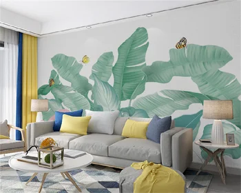 Скандинавска ръчно рисувани малки пресни тропически растения, листа, цветя и птици, на фона на дивана в спалнята, рисувани стенни аксесоари за дома, тапети